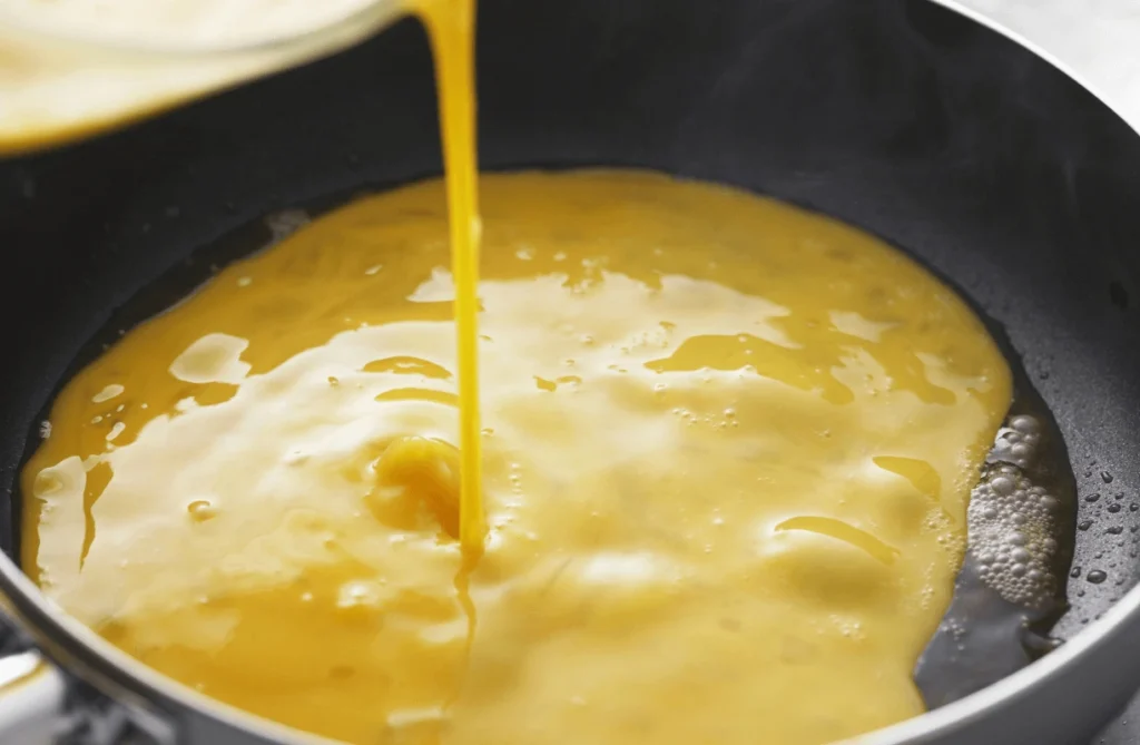 A fluffy omelette mixture being poured into a hot pan, sizzling and starting to cook.