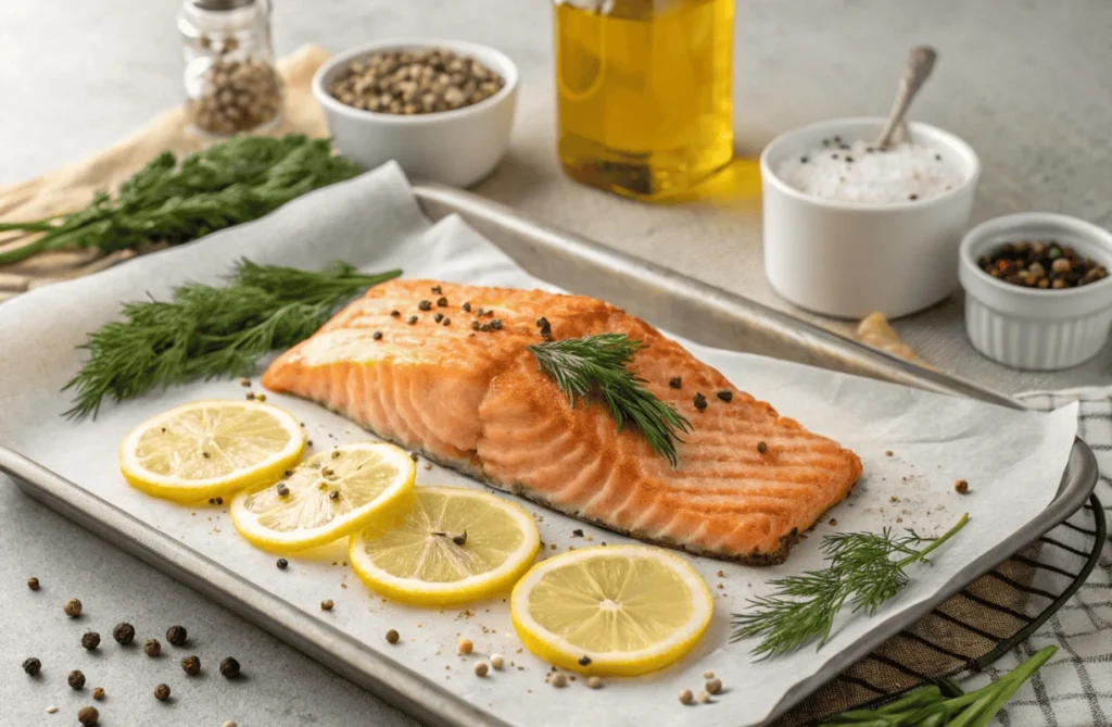 A beautifully plated Baked Salmon with Dill Sauce, garnished with lemon slices and fresh herbs.