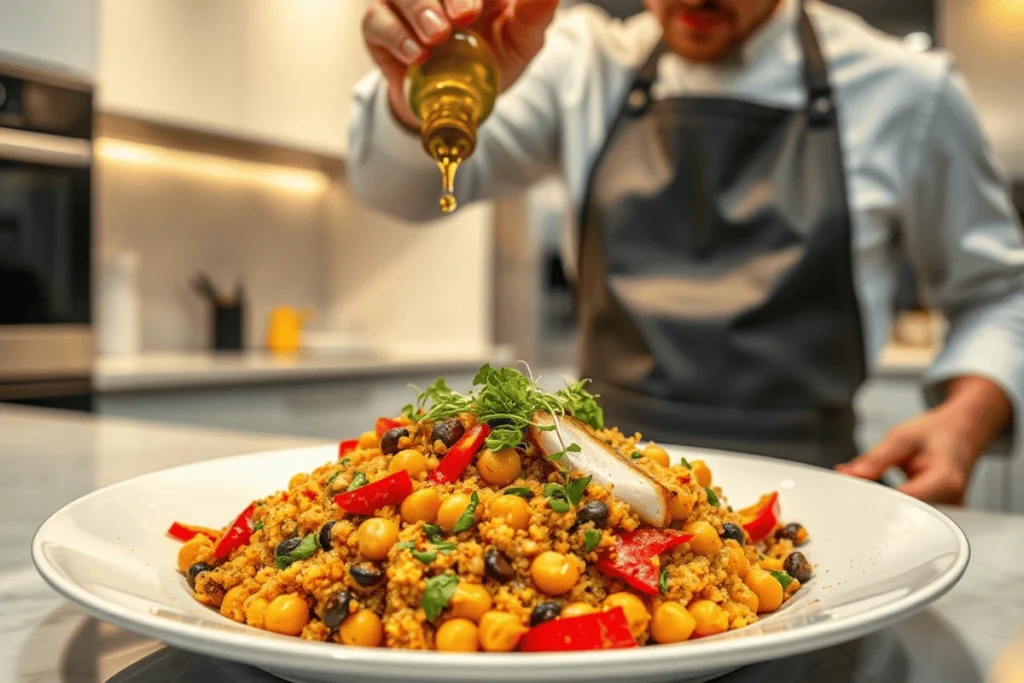 A colorful spread of modern 2025 Succotash ingredients, featuring quinoa, chickpeas, red bell peppers, coconut milk, and fresh cilantro on a sleek kitchen counter.