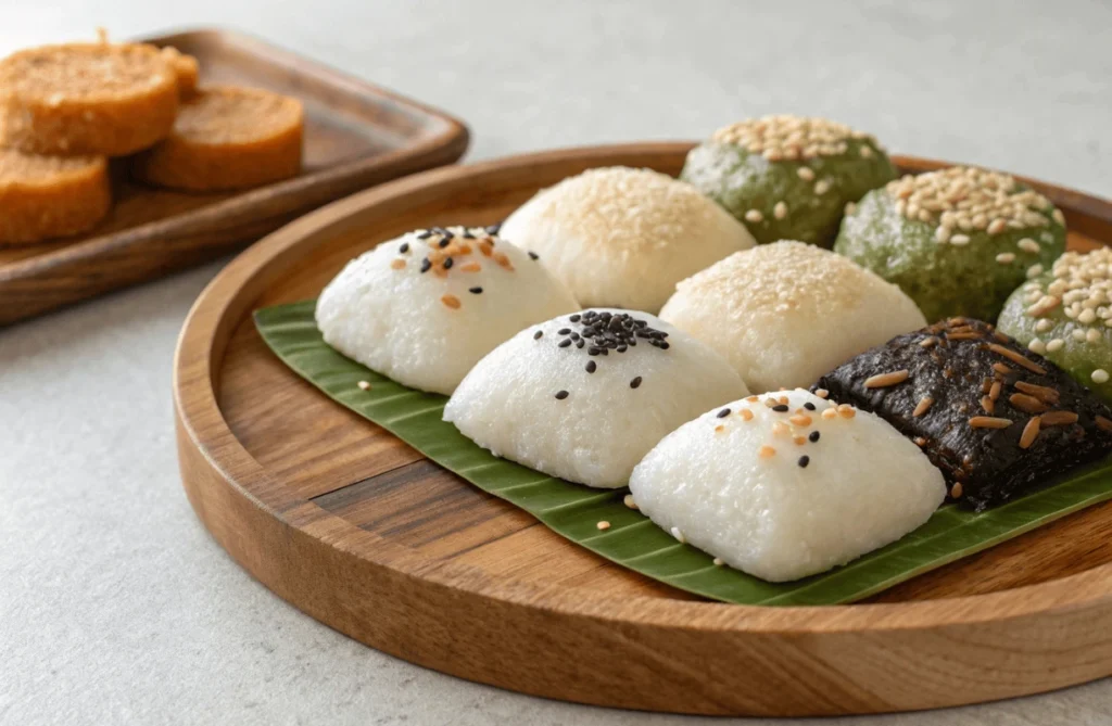 A step-by-step guide showing the process of making rice cakes, from shaping to frying