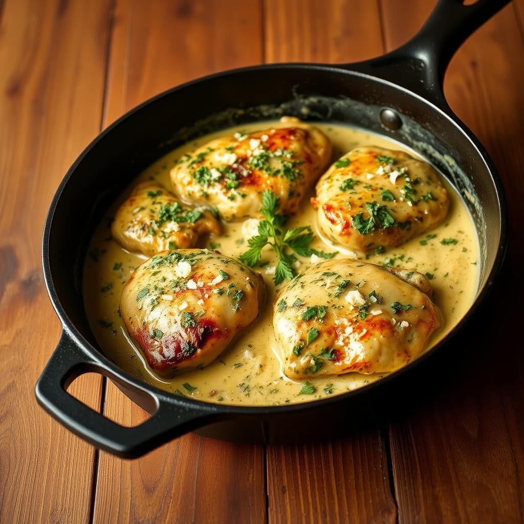 Creamy pesto chicken served with pasta, salad, and roasted vegetables, showcasing the versatility of this skillet dish.