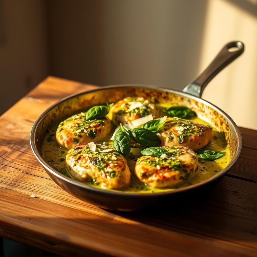 A delicious creamy pesto chicken skillet served in a skillet, showcasing juicy chicken in a rich, creamy pesto sauce.