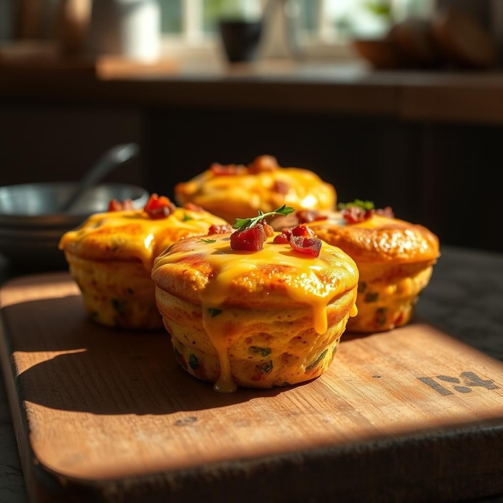 Close-up of savory protein McGriddle muffins stacked on a wooden board with melted cheese.