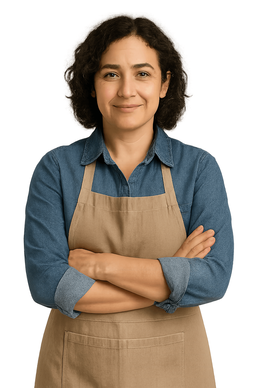 Chef Sarah, a home cook, smiling with arms crossed in a denim shirt and beige apron